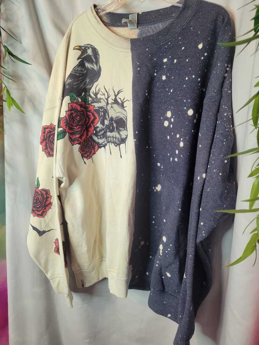 Dark Romance Raven, Skulls & Roses Half & Spotted Custom Bleach Sweater - Picture 3 of 13